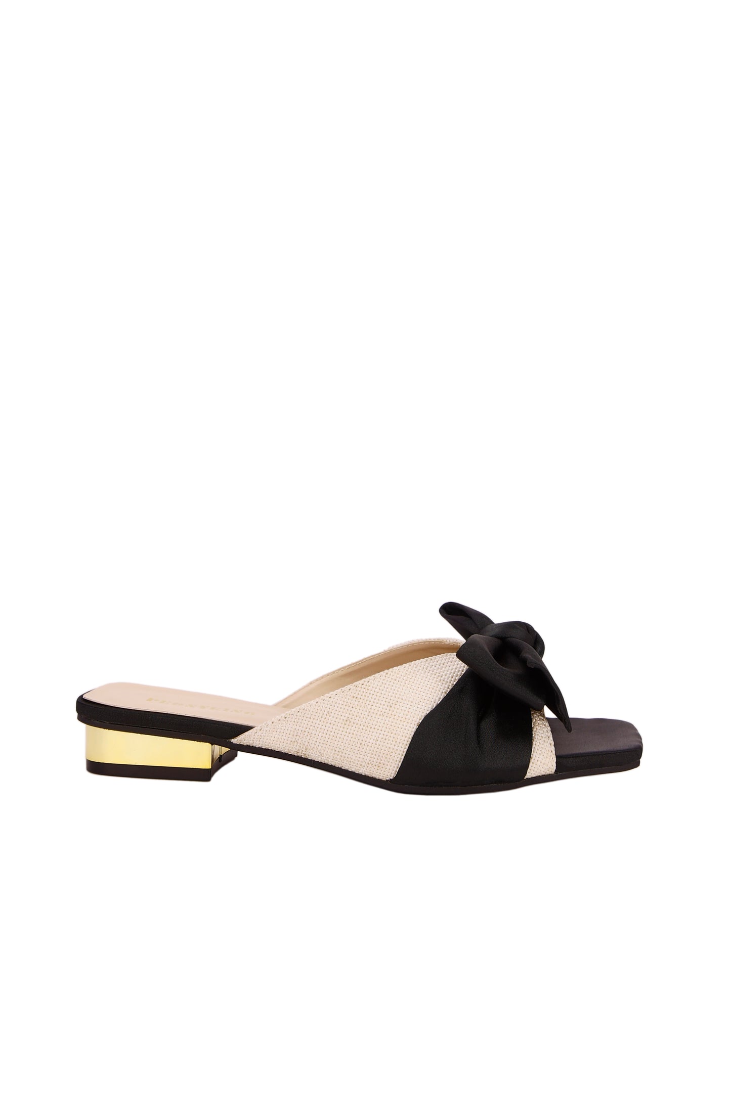 Linen textile fabric women's slippers, sandals, black silk bow, gold fashion low heel women's shoes 3619-1