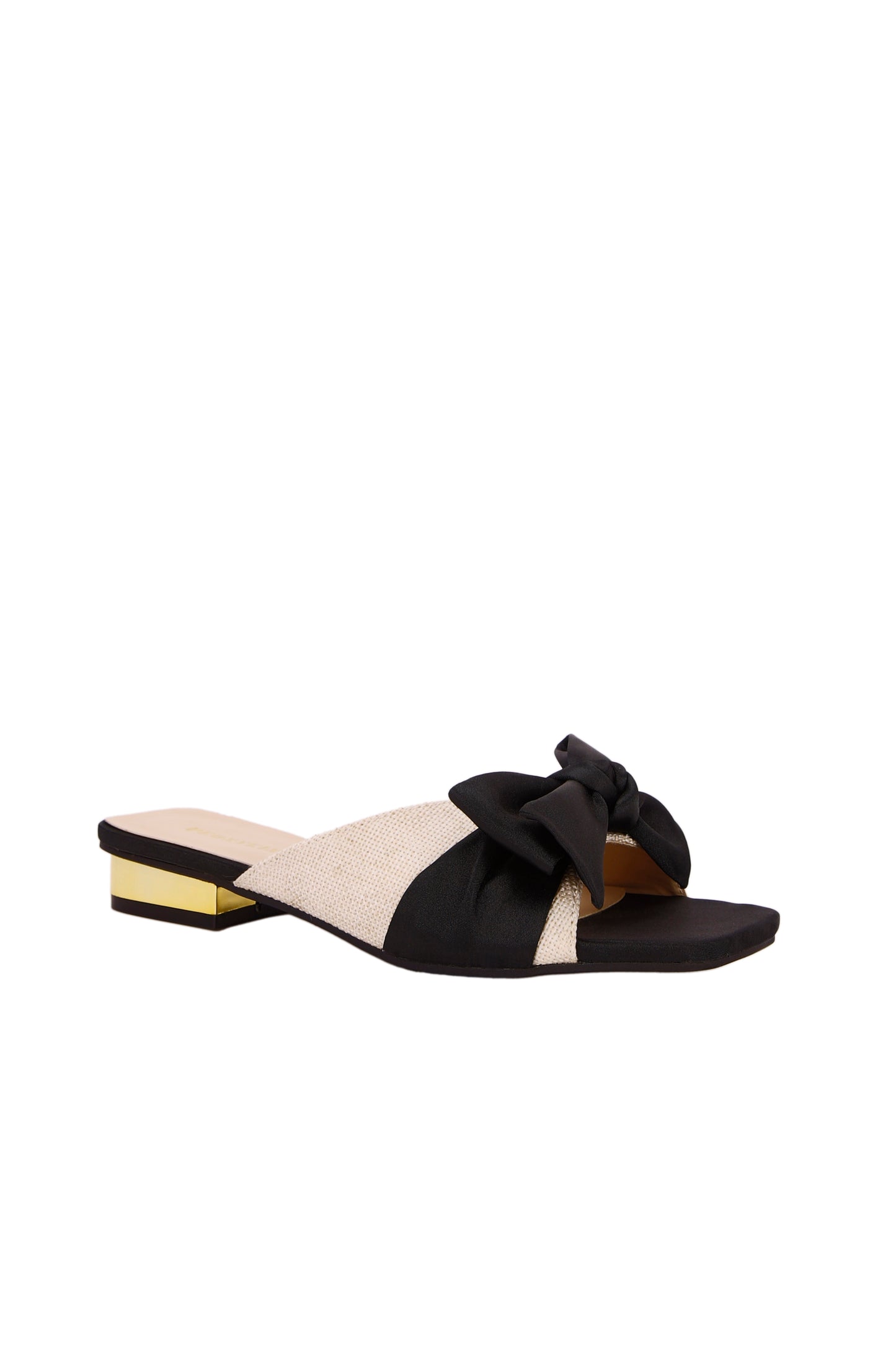 Linen textile fabric women's slippers, sandals, black silk bow, gold fashion low heel women's shoes 3619-1