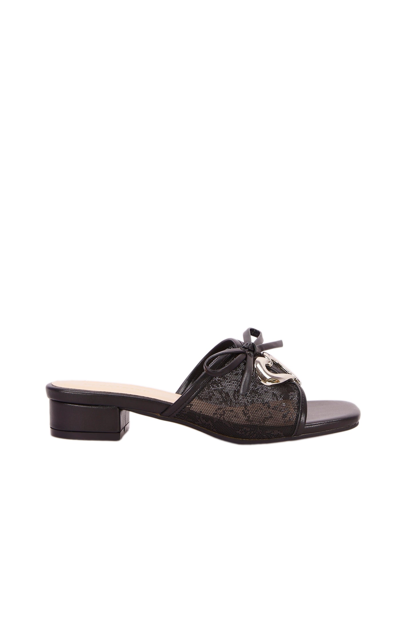 Black mesh mid-heel women's shoes (with heart-shaped buckle) 9682-5