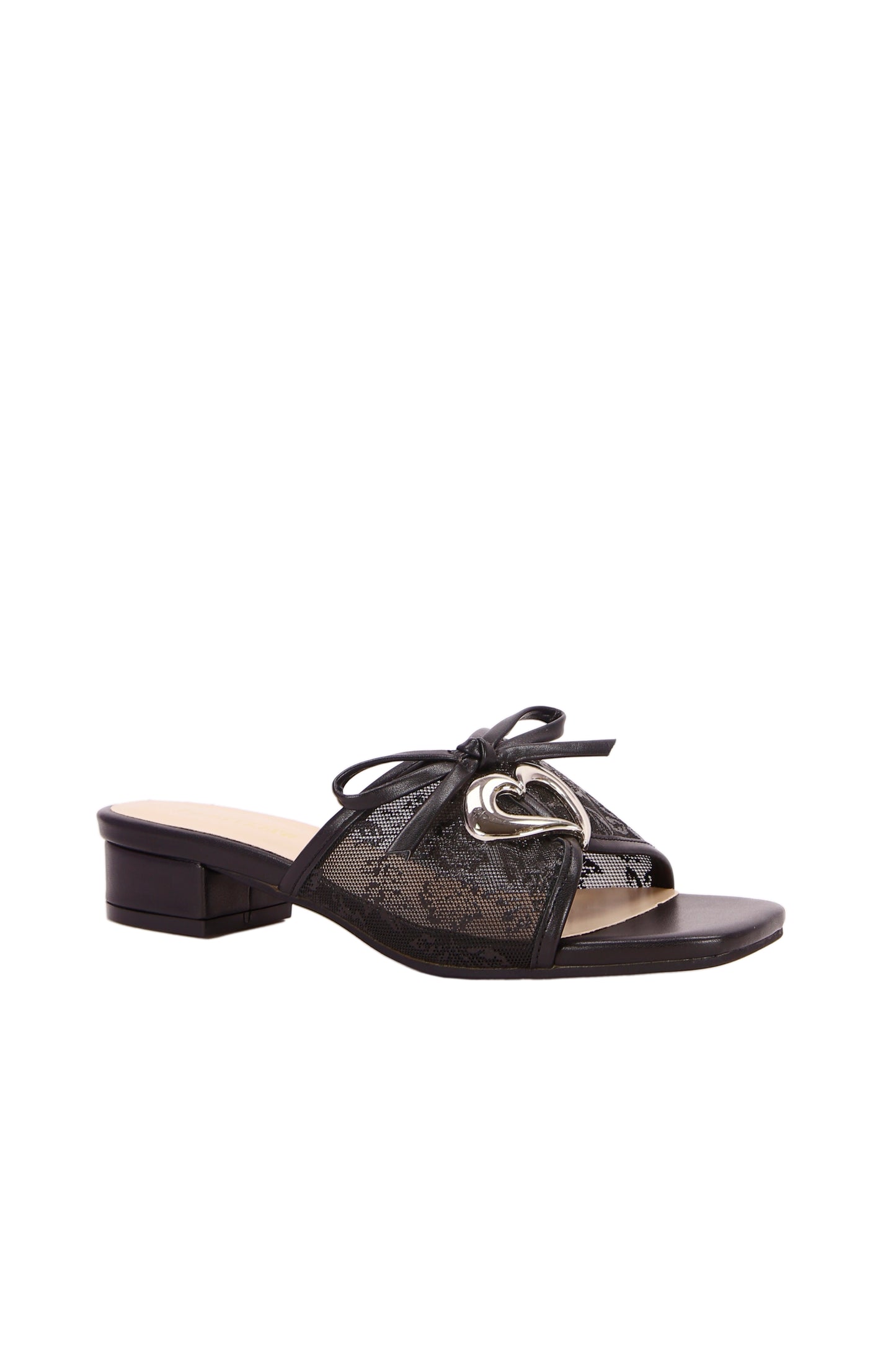 Black mesh mid-heel women's shoes (with heart-shaped buckle) 9682-5