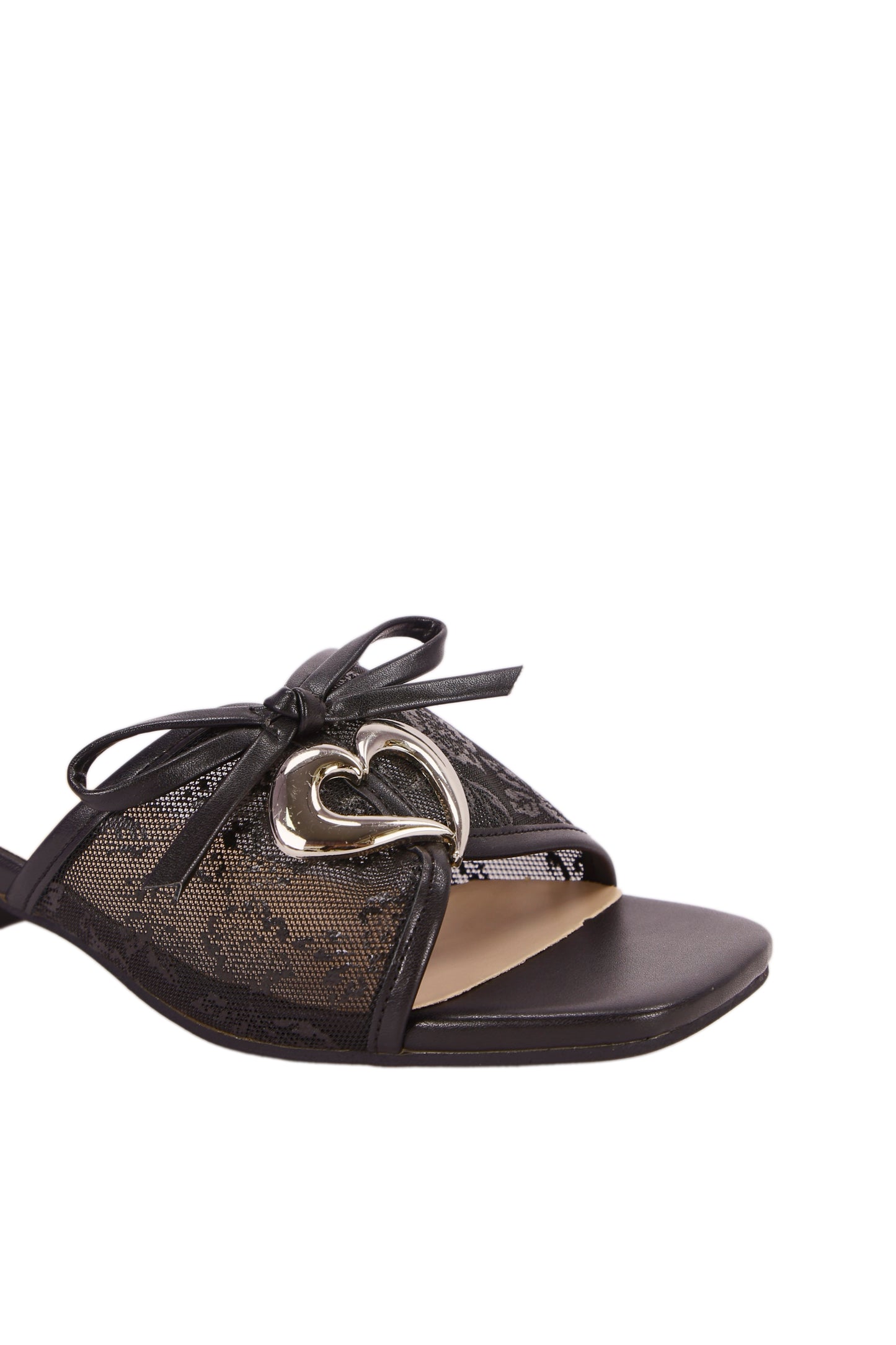 Black mesh mid-heel women's shoes (with heart-shaped buckle) 9682-5