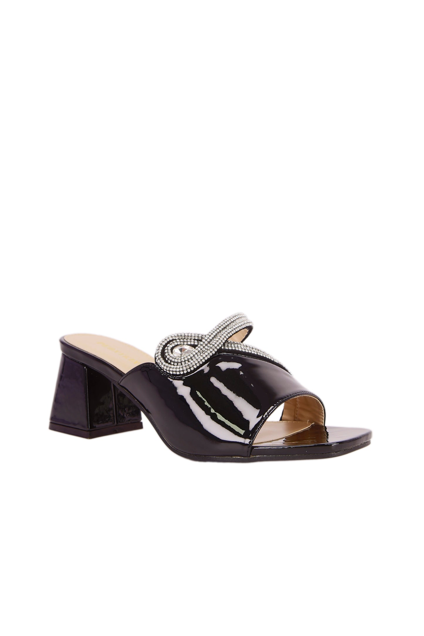 Black shiny imitation leather women's sandals, diamond strap decoration fashionable medium and large heel women's shoes 5261-2
