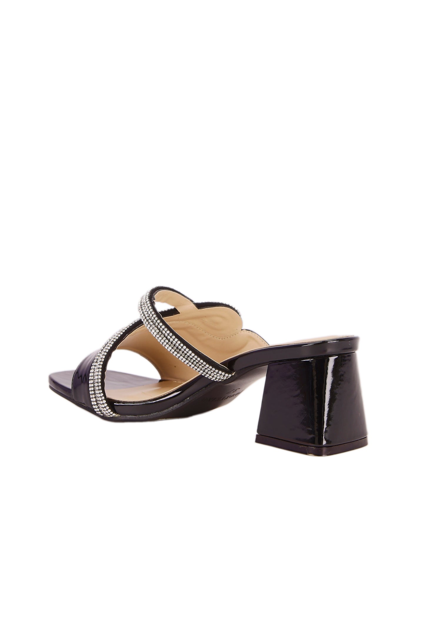 Black shiny imitation leather women's sandals, diamond strap decoration fashionable medium and large heel women's shoes 5261-2