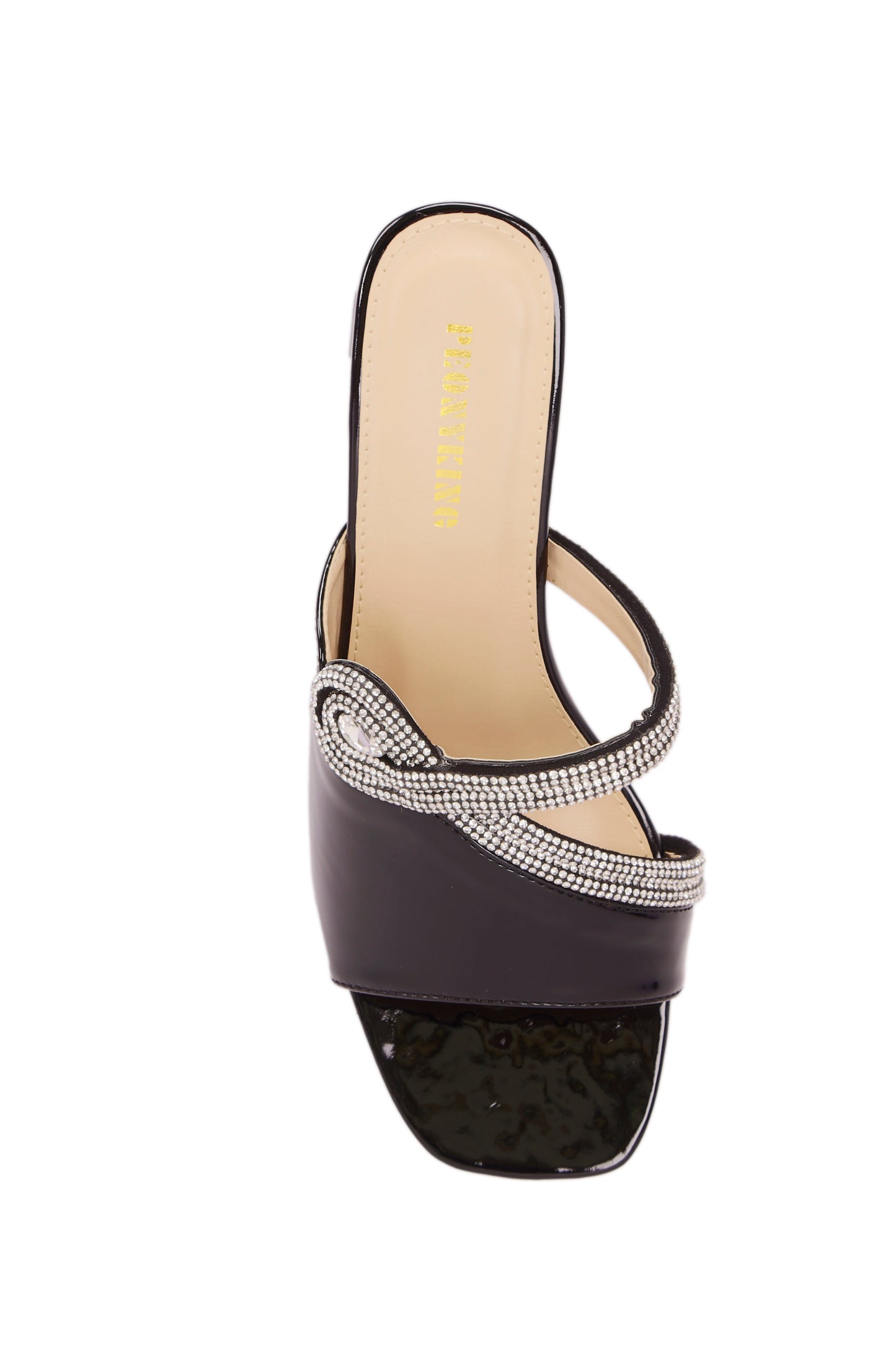 Black shiny imitation leather women's sandals, diamond strap decoration fashionable medium and large heel women's shoes 5261-2