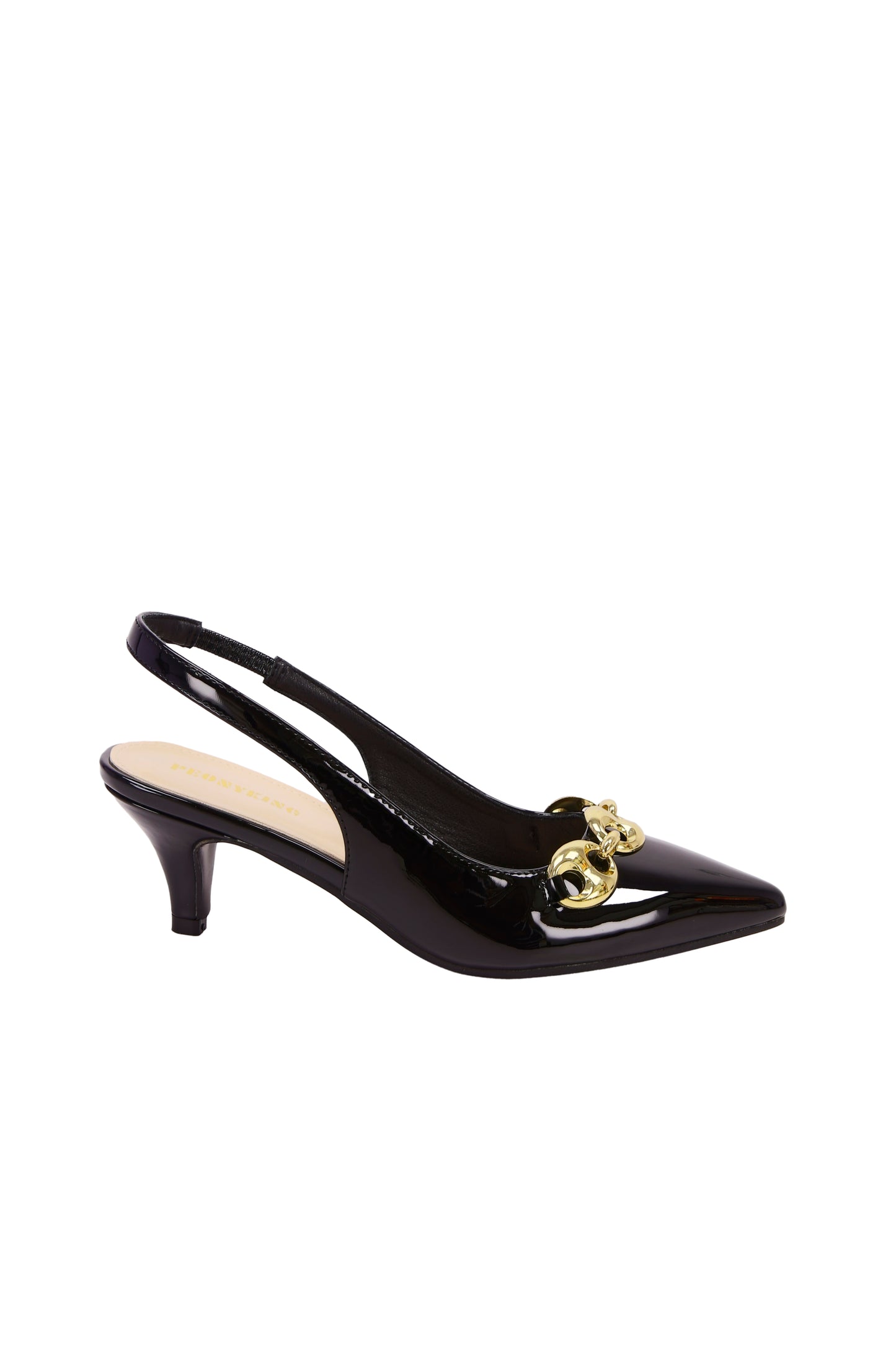 Black high heel sandals with gold chain detail
