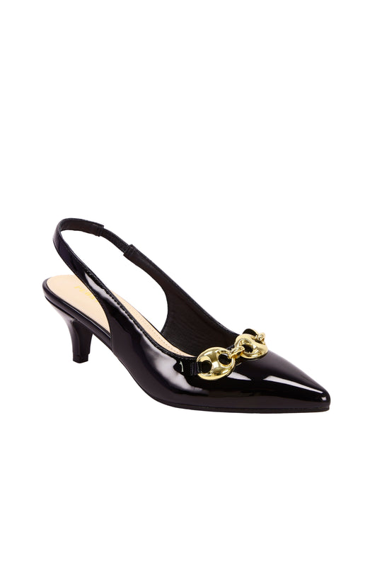 Black high heel sandals with gold chain detail