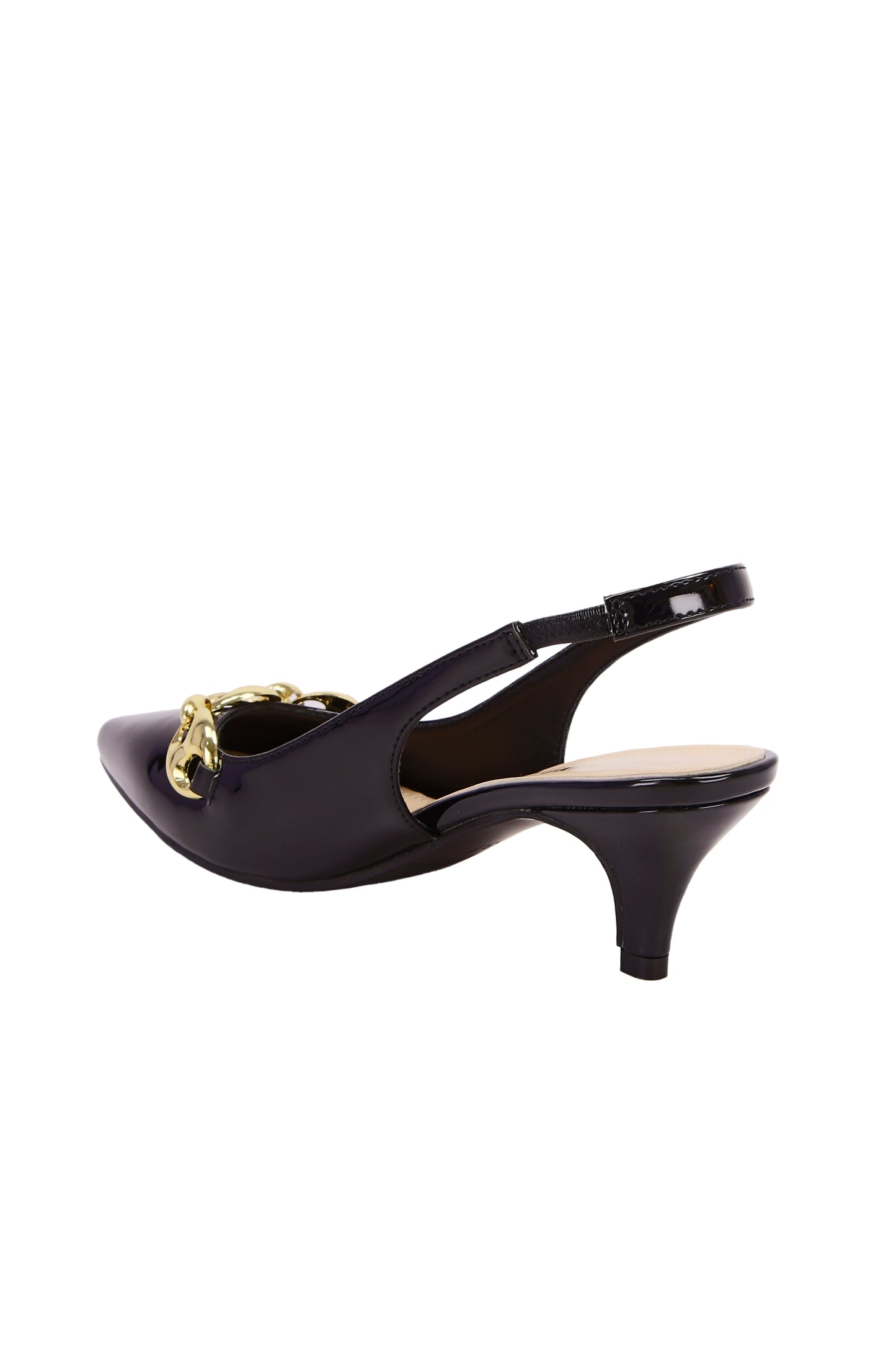 Black high heel sandals with gold chain detail