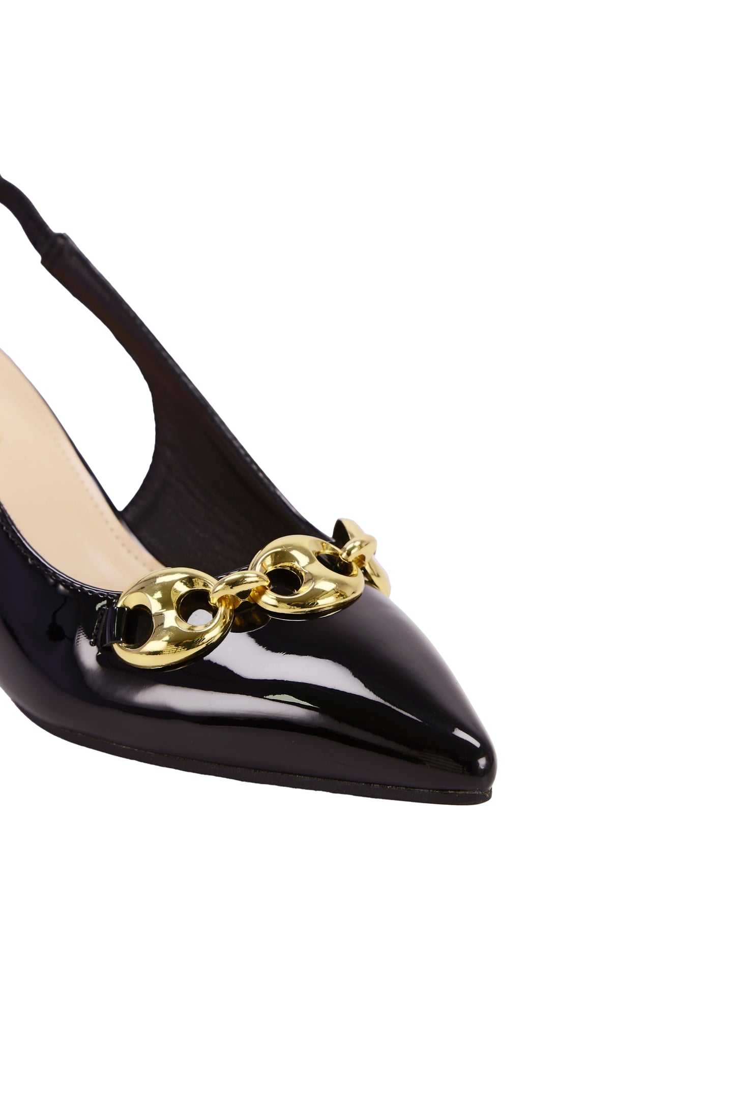 Black high heel sandals with gold chain detail