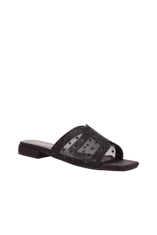 Fashionable mesh inlaid imitation black diamonds Wide Fit Women's Casual Flat Slippers, Round Toe Non-Slip Slides, Indoor Outdoor Beach Sandals   2263-12