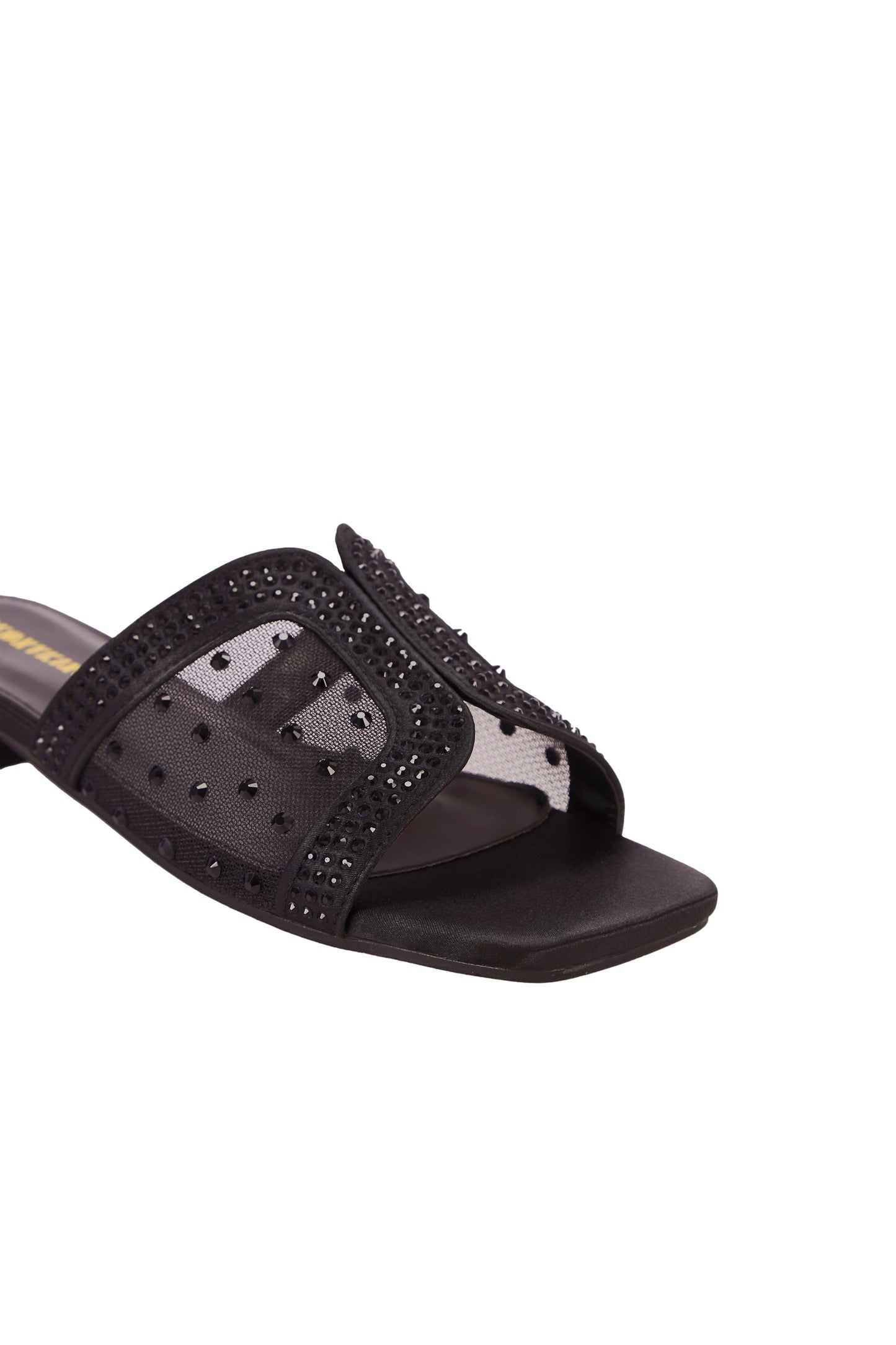 Fashionable mesh inlaid imitation black diamonds Wide Fit Women's Casual Flat Slippers, Round Toe Non-Slip Slides, Indoor Outdoor Beach Sandals 2263-12