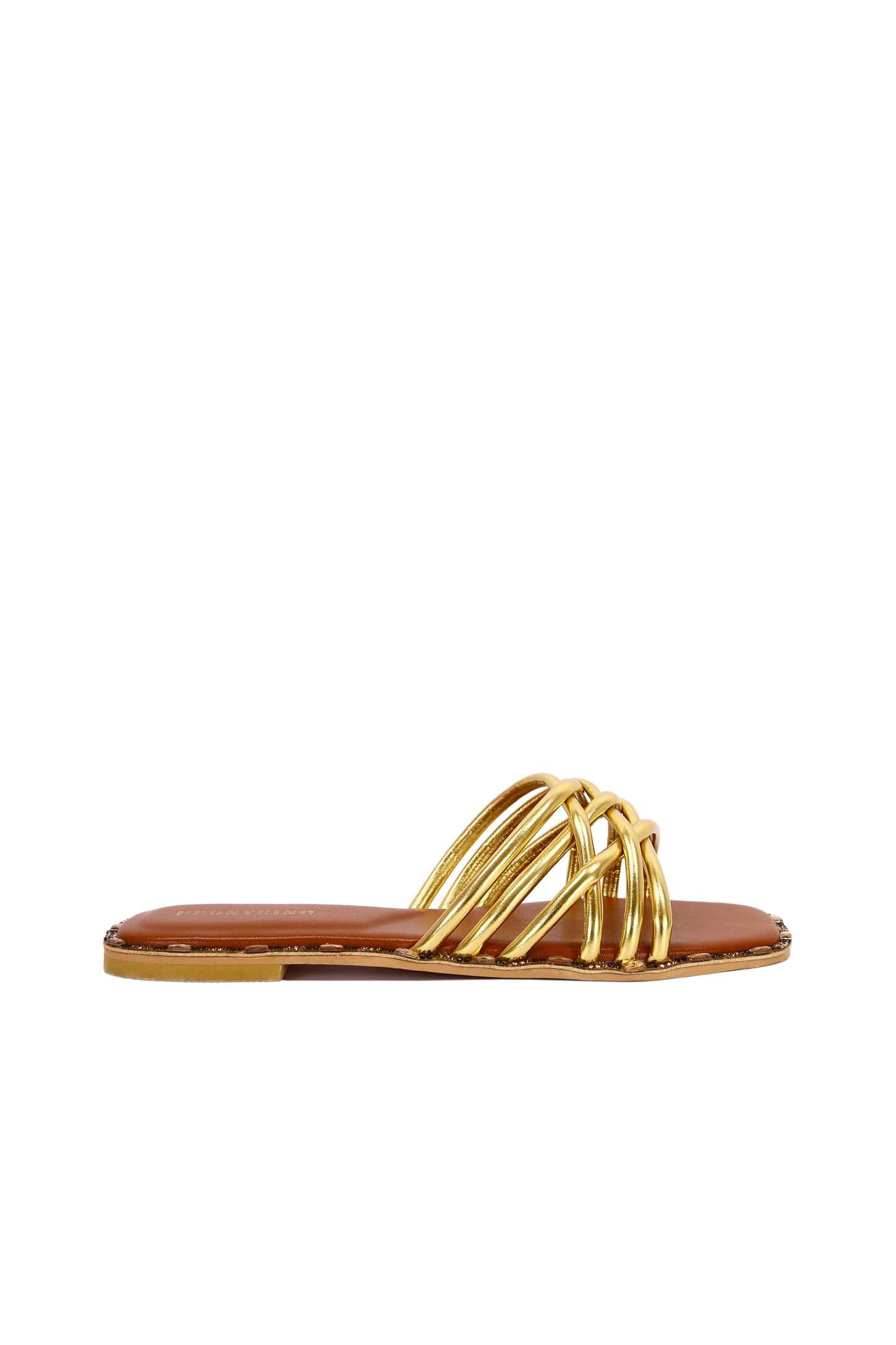 Comfortable and stylish women's slippers in luxurious metallic fabric and inlaid with rhinestones.