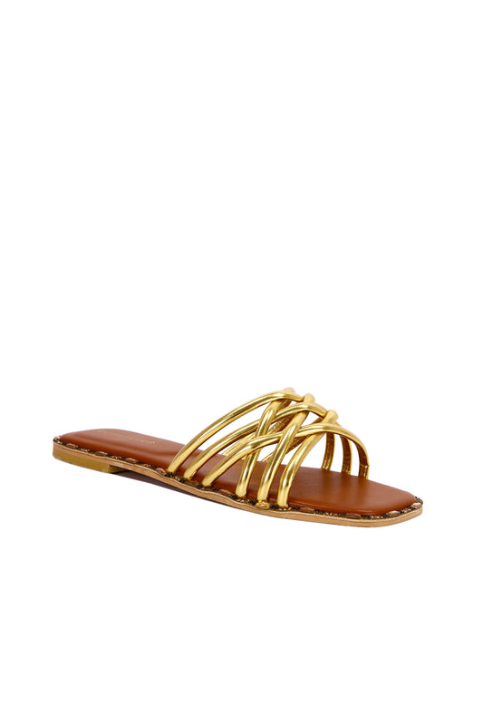 Comfortable and stylish women's slippers in luxurious metallic fabric and inlaid with rhinestones.