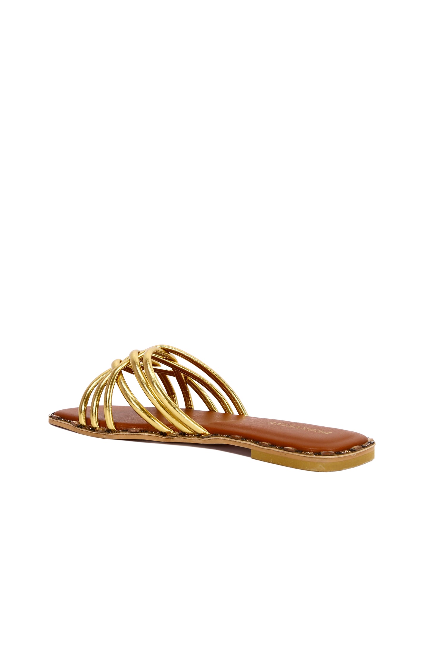 Comfortable and stylish women's slippers in luxurious metallic fabric and inlaid with rhinestones.