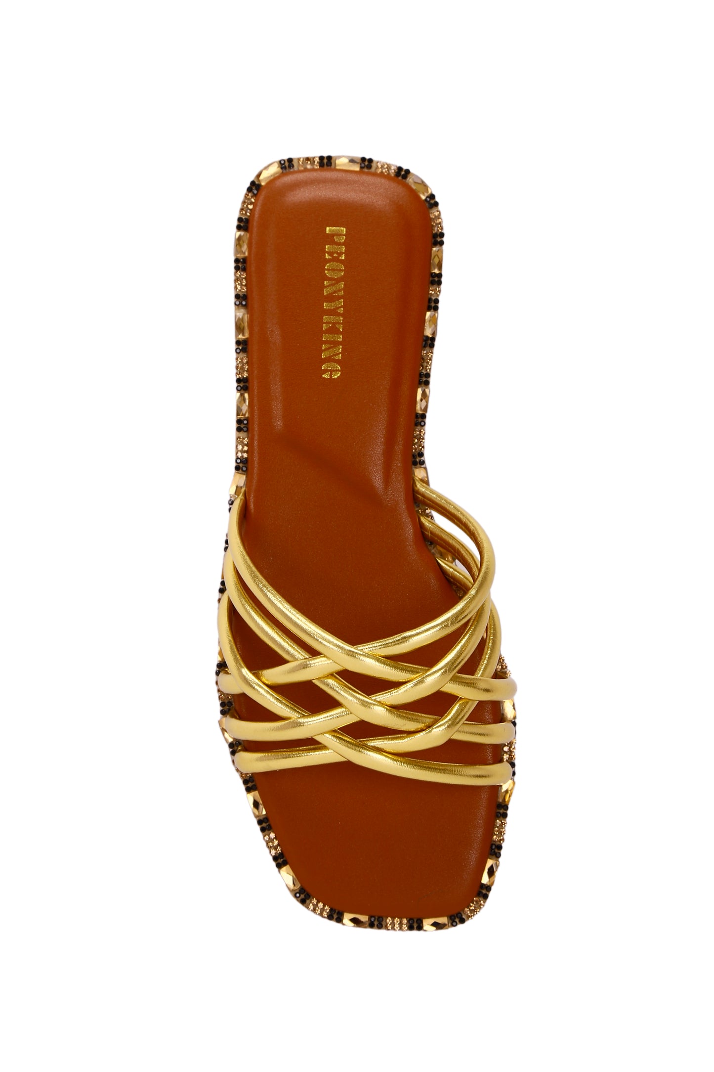 Comfortable and stylish women's slippers in luxurious metallic fabric and inlaid with rhinestones.