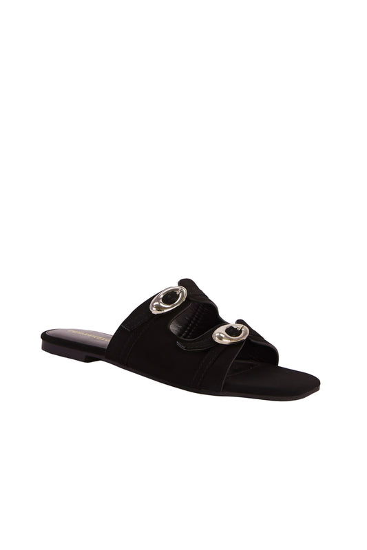 Women's Fashion Black Suede Square Toe Flat Mules With Adjustable Strap And Gold-Tone Buckle Embellishment, Daily Wear  5021-1