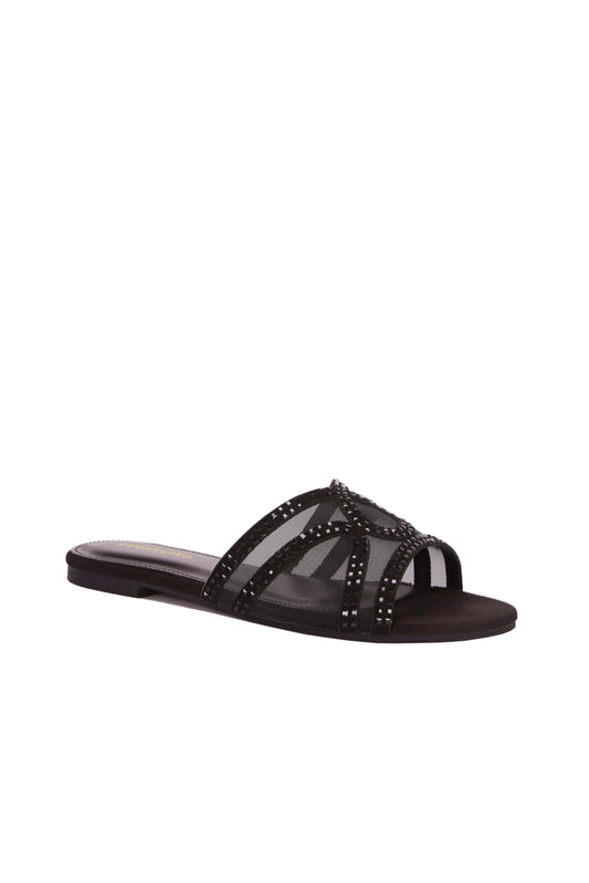 Women's Glamorous Rhinestone Hollow-Out Mesh Decor Chocolate Brown Suede Round Toe Comfortable Casual Party Flat Mules  658-61