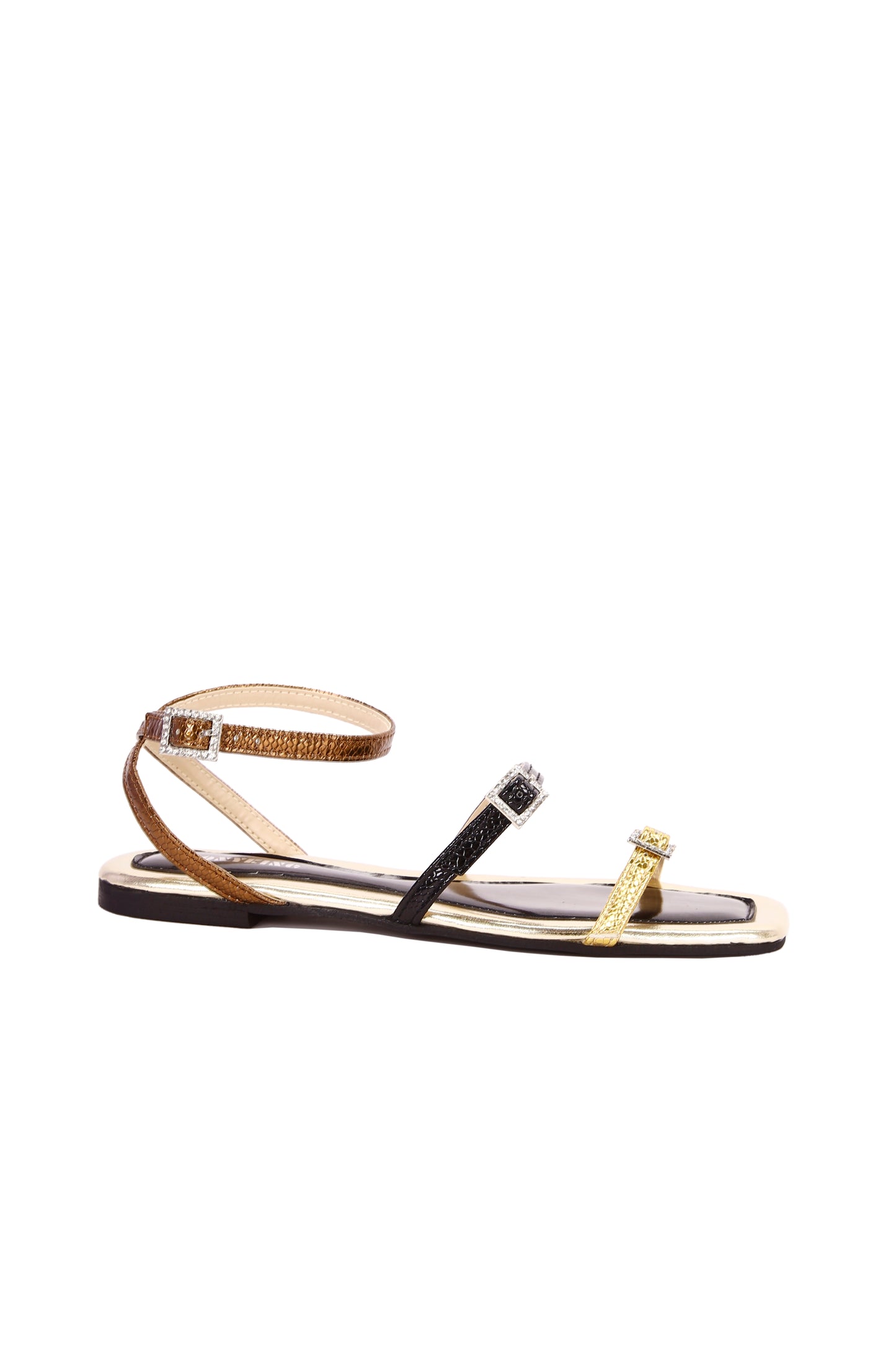 Women's flat low sandals, metal embossed fabric, with imitation diamond buckles, suitable for leisure, outdoor activities, shopping 8429-24