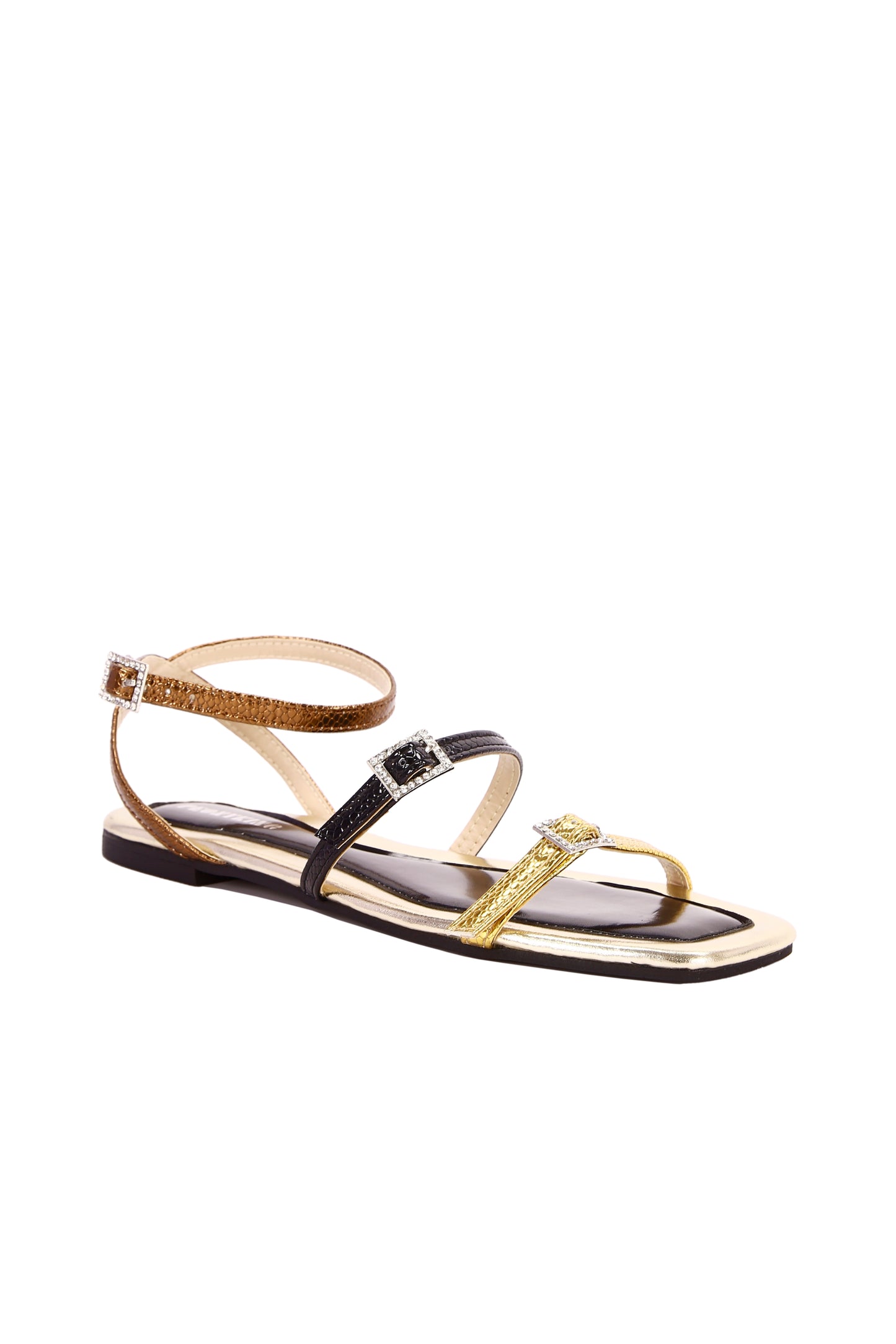 Women's flat low sandals, metal embossed fabric, with imitation diamond buckles, suitable for leisure, outdoor activities, shopping 8429-24