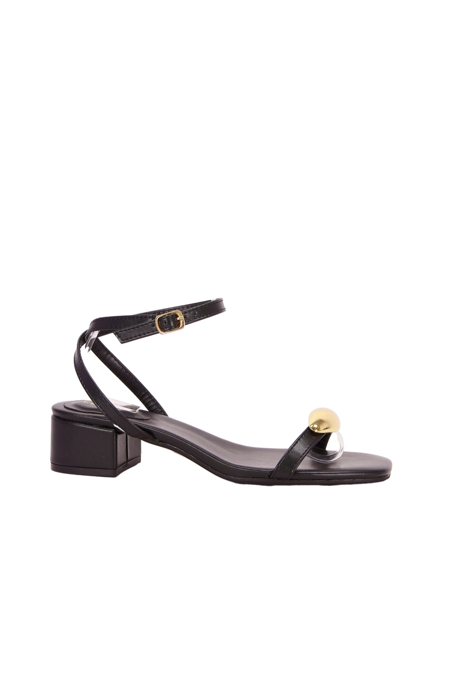 Black single-strap faux leather women's sandals, gold buckle fashionable mid-heel women's shoes 367-5