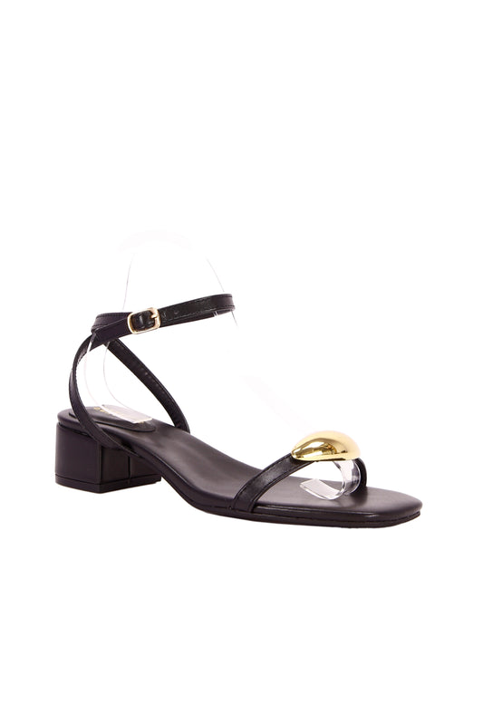 Black single-strap faux leather women's sandals, gold buckle fashionable mid-heel women's shoes  367-5