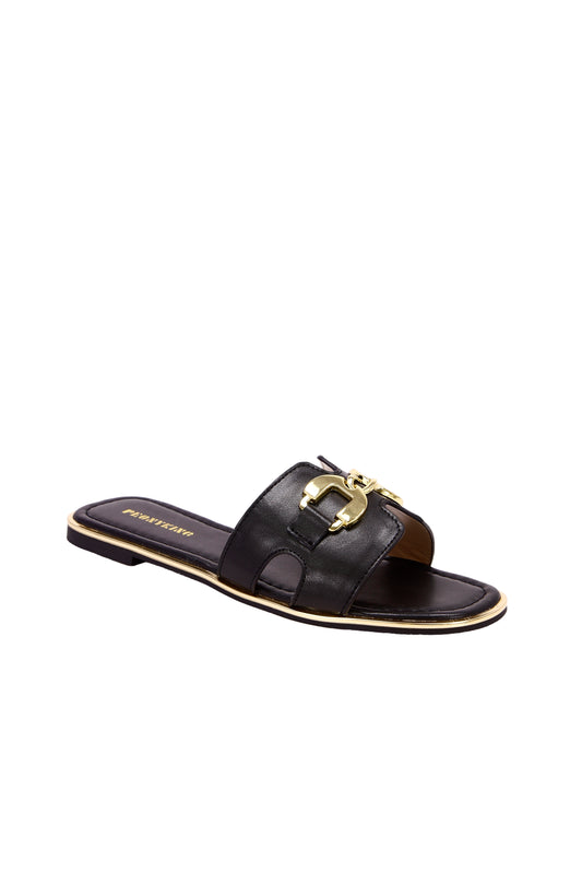 Black and gold buckle slippers