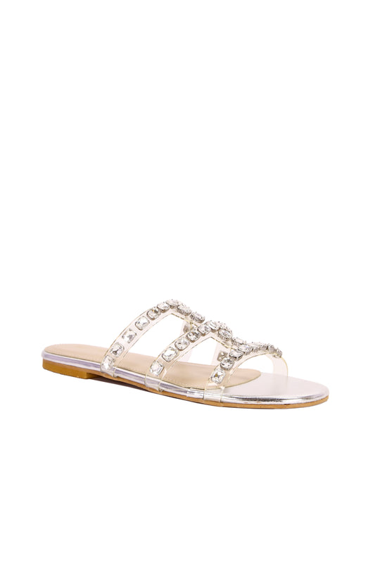 Crystal Elegance Silver Strappy Sandals for Women – Wedding & Party Flat Shoes