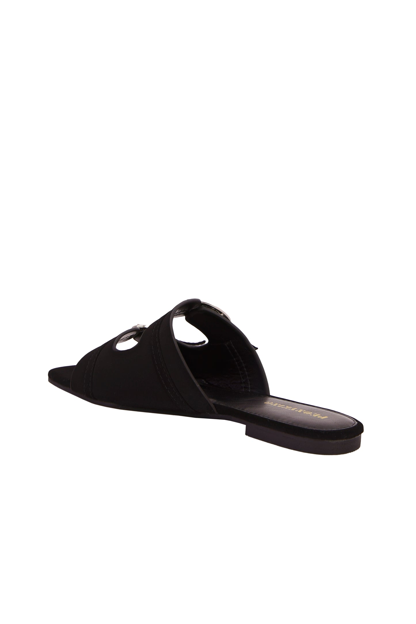 Women's Fashion Black Suede Square Toe Flat Mules With Adjustable Strap And Gold-Tone Buckle Embellishment, Daily Wear  5021-1