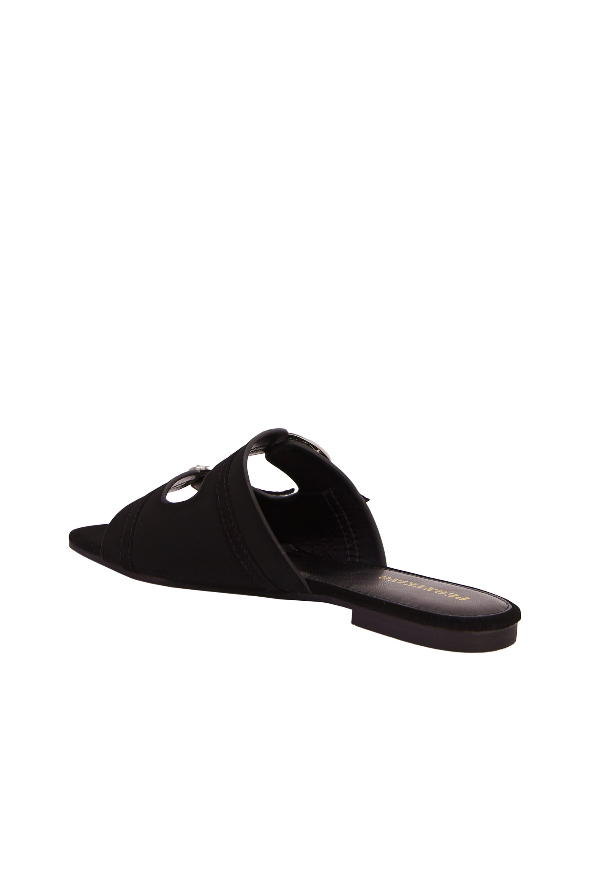 Women's Fashion Black Suede Square Toe Flat Mules With Adjustable Strap And Gold-Tone Buckle Embellishment, Daily Wear  5021-1