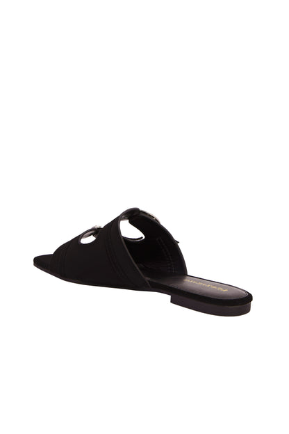 Women's Fashion Black Suede Square Toe Flat Mules With Adjustable Strap And Gold-Tone Buckle Embellishment, Daily Wear  5021-1