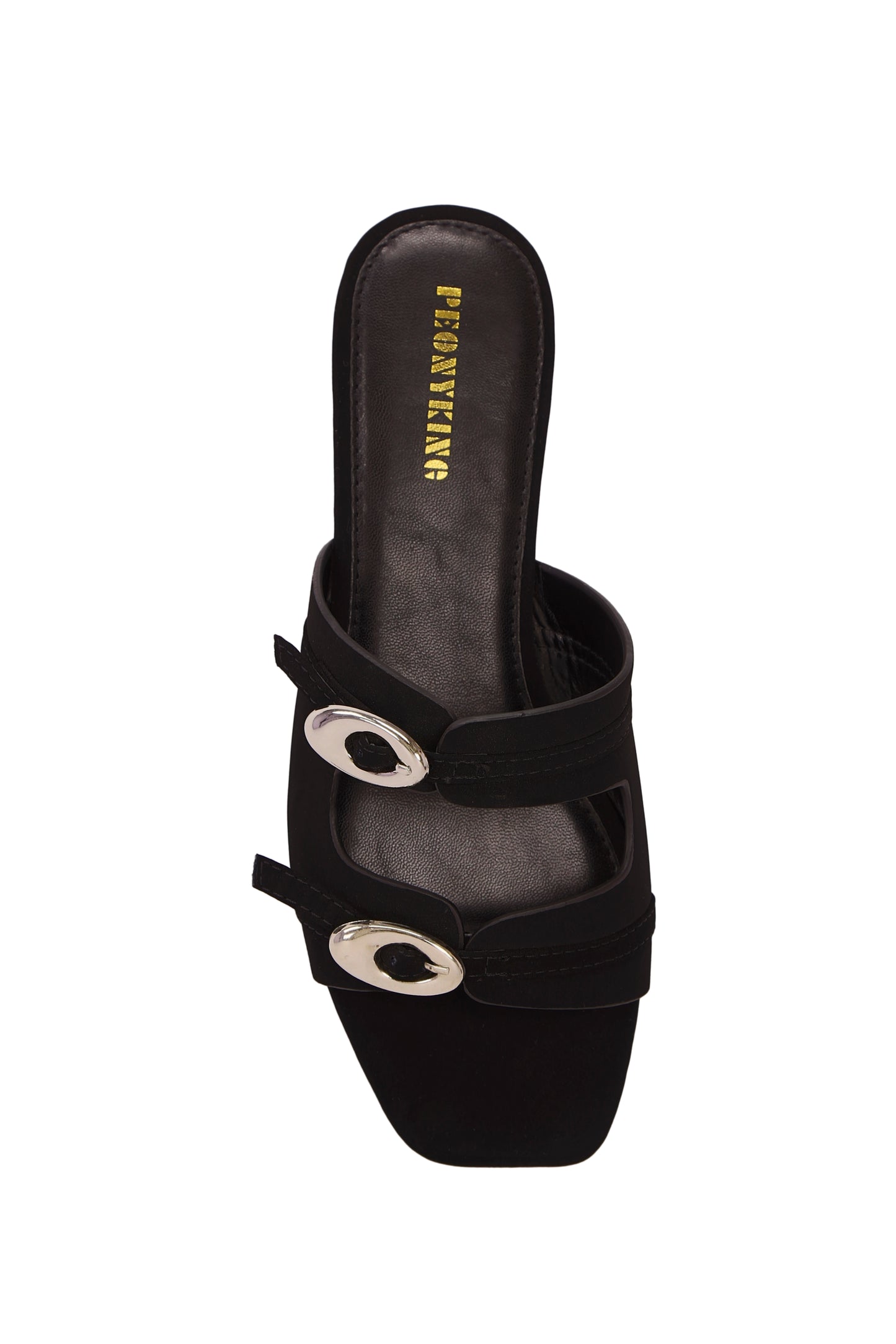 Women's Fashion Black Suede Square Toe Flat Mules With Adjustable Strap And Gold-Tone Buckle Embellishment, Daily Wear  5021-1