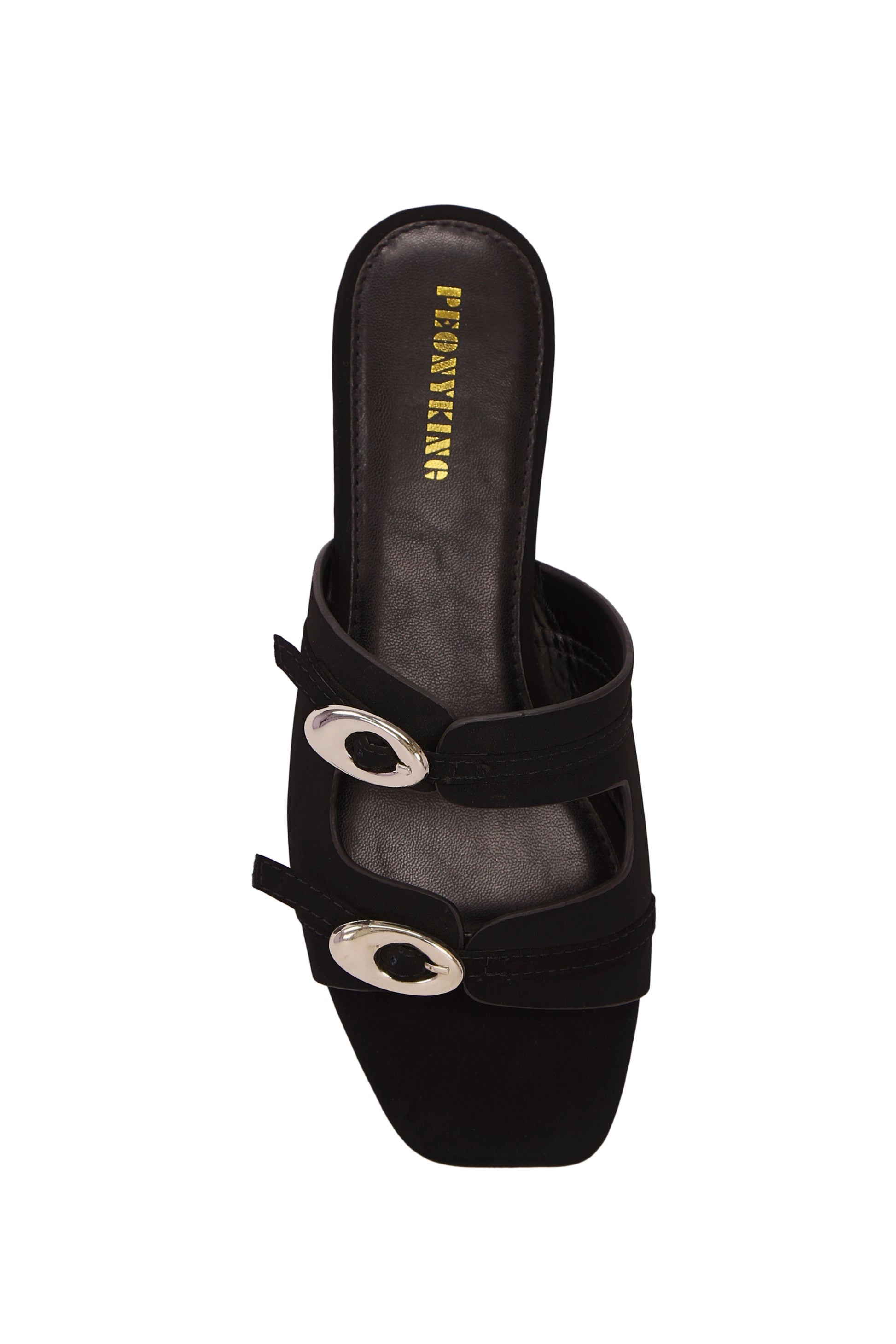 Women's Fashion Black Suede Square Toe Flat Mules With Adjustable Strap And Gold-Tone Buckle Embellishment, Daily Wear  5021-1