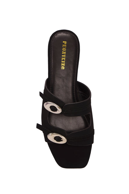 Women's Fashion Black Suede Square Toe Flat Mules With Adjustable Strap And Gold-Tone Buckle Embellishment, Daily Wear  5021-1