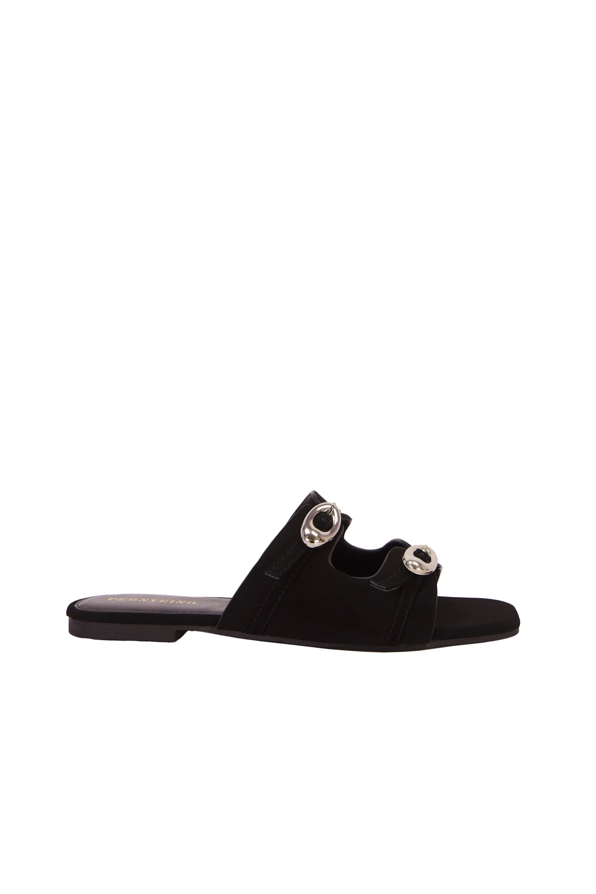 Women's Fashion Black Suede Square Toe Flat Mules With Adjustable Strap And Gold-Tone Buckle Embellishment, Daily Wear  5021-1