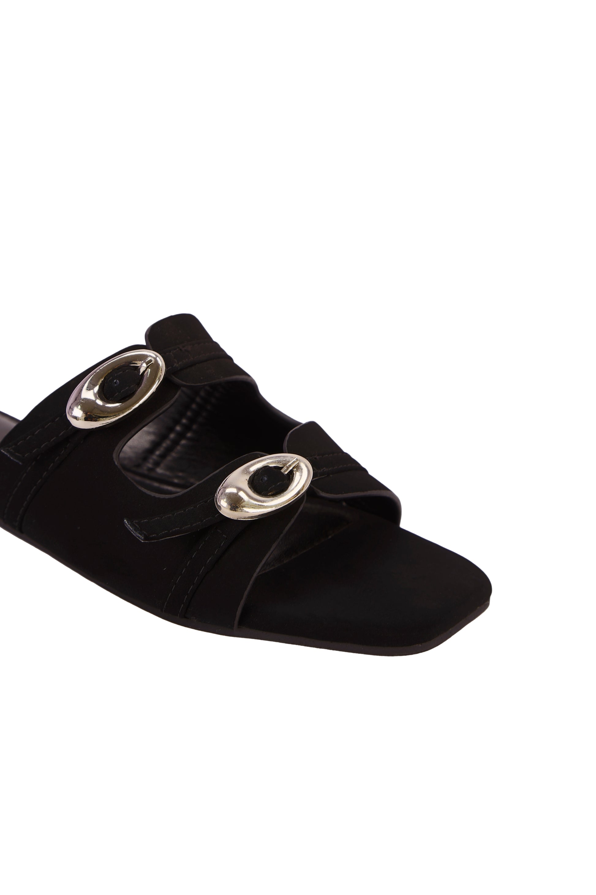 Women's Fashion Black Suede Square Toe Flat Mules With Adjustable Strap And Gold-Tone Buckle Embellishment, Daily Wear  5021-1