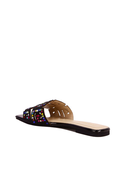 New Women Flat Sandals Fashion Rhinestone Square Toe Slip On Comfortable Non-Slip Flat Slip-On Sandals Slippers, Shiny & Versatile To Match Dresses, Shorts, Casual Elegant Lady Shoes Valentines 8008-12