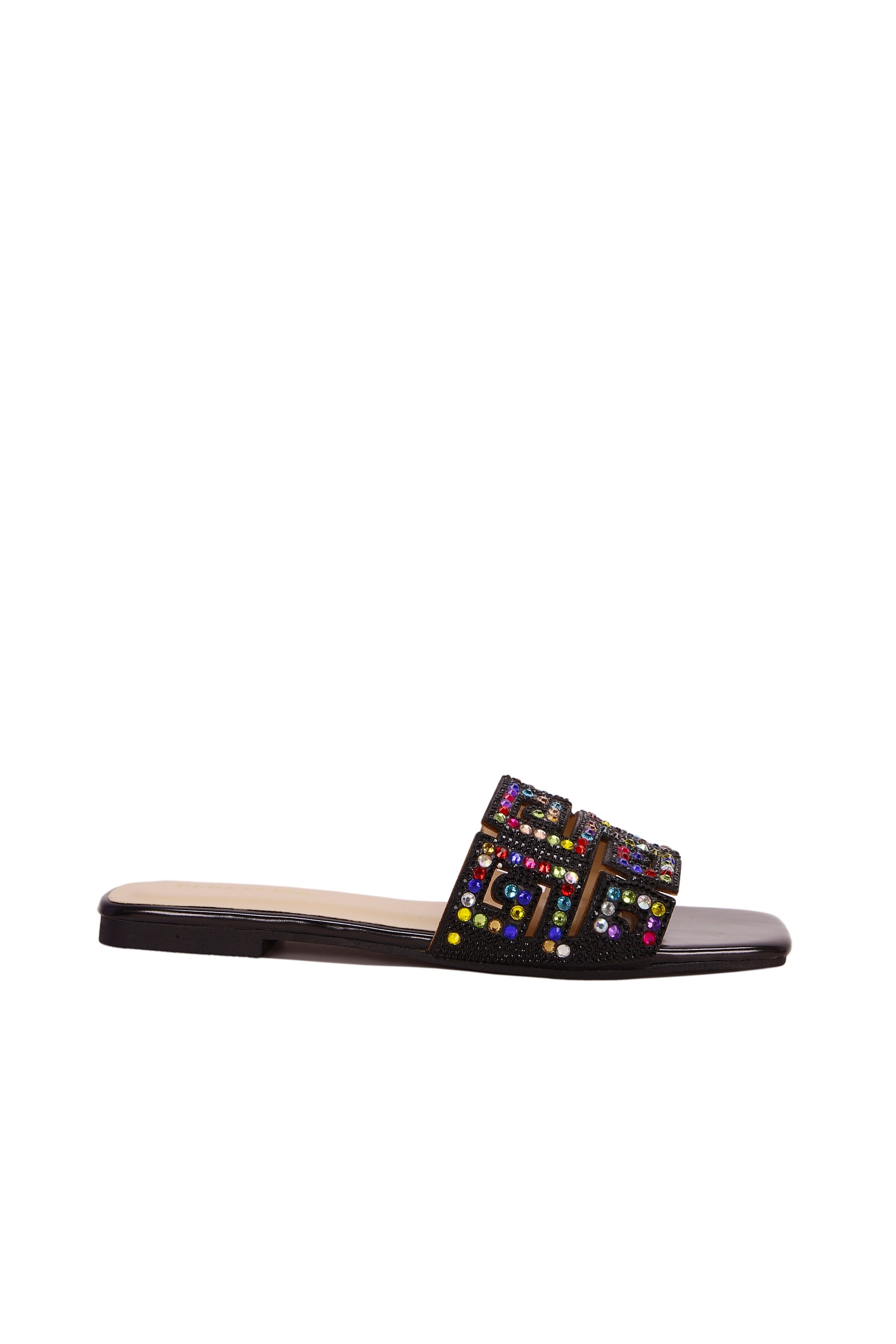 New Women Flat Sandals Fashion Rhinestone Square Toe Slip On Comfortable Non-Slip Flat Slip-On Sandals Slippers, Shiny & Versatile To Match Dresses, Shorts, Casual Elegant Lady Shoes Valentines 8008-12