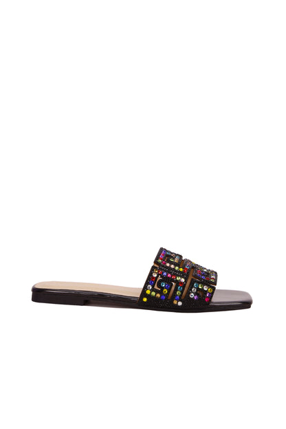 New Women Flat Sandals Fashion Rhinestone Square Toe Slip On Comfortable Non-Slip Flat Slip-On Sandals Slippers, Shiny & Versatile To Match Dresses, Shorts, Casual Elegant Lady Shoes Valentines 8008-12