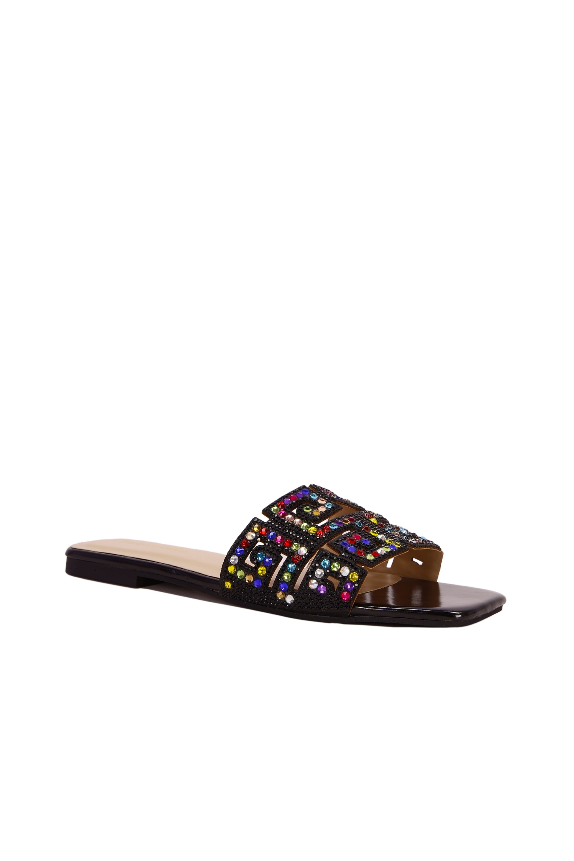 New Women Flat Sandals Fashion Rhinestone Square Toe Slip On Comfortable Non-Slip Flat Slip-On Sandals Slippers, Shiny & Versatile To Match Dresses, Shorts, Casual Elegant Lady Shoes Valentines 8008-12