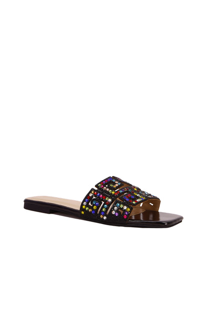 New Women Flat Sandals Fashion Rhinestone Square Toe Slip On Comfortable Non-Slip Flat Slip-On Sandals Slippers, Shiny & Versatile To Match Dresses, Shorts, Casual Elegant Lady Shoes Valentines 8008-12