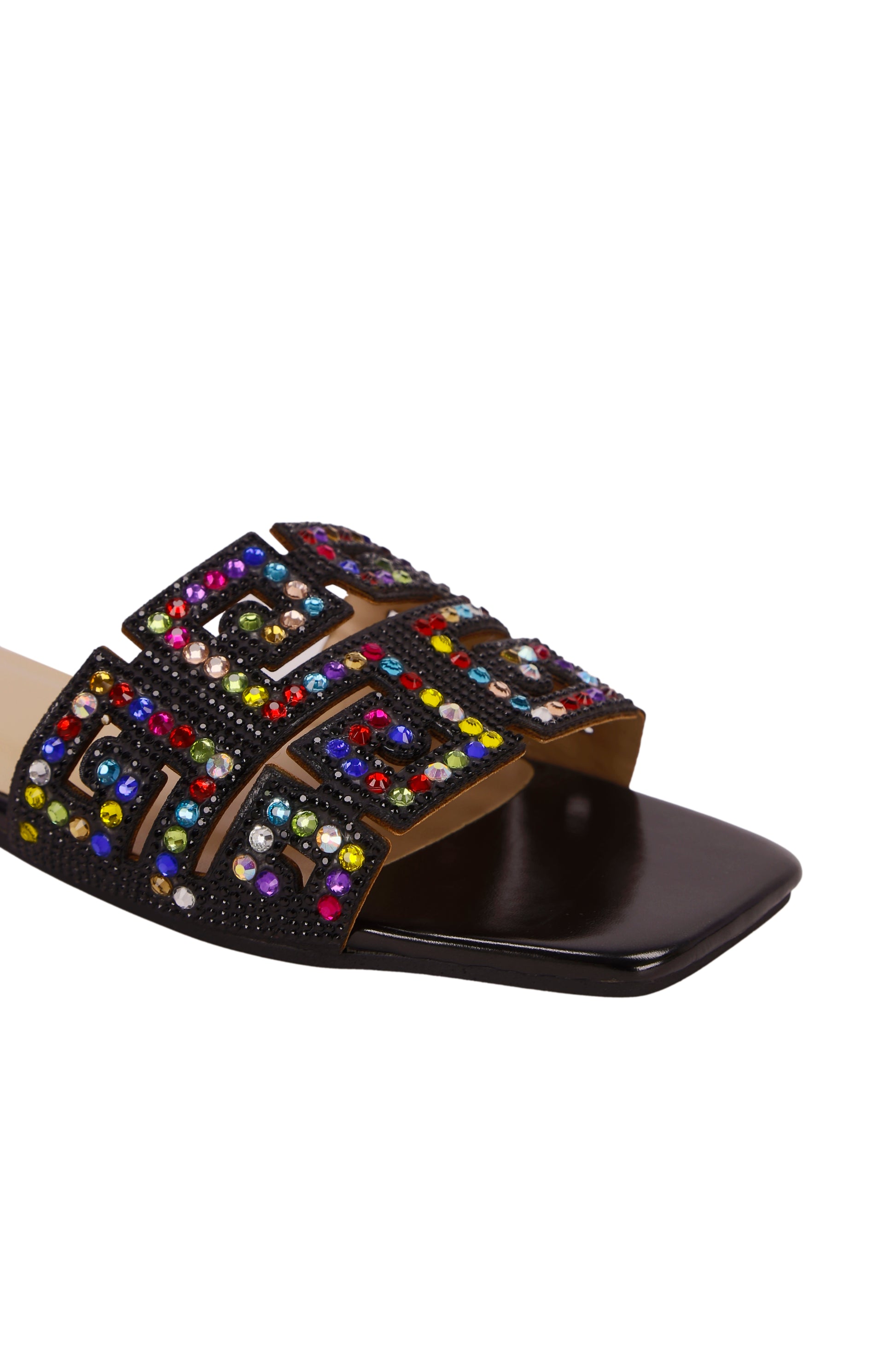 New Women Flat Sandals Fashion Rhinestone Square Toe Slip On Comfortable Non-Slip Flat Slip-On Sandals Slippers, Shiny & Versatile To Match Dresses, Shorts, Casual Elegant Lady Shoes Valentines 8008-12