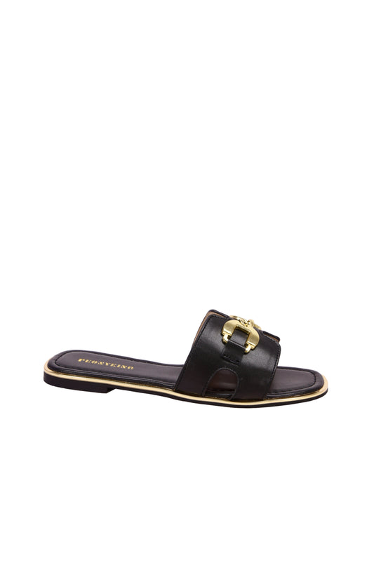 Black and gold buckle slippers